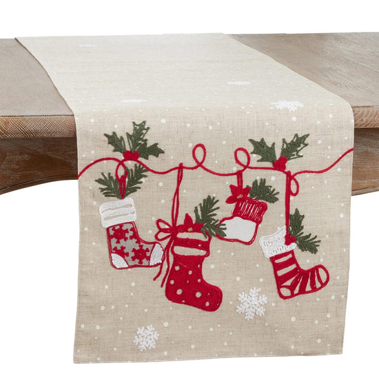 Embroidered Christmas Stocking Table Runner 16" W x 70" L — table setting accent for dining and special occasions