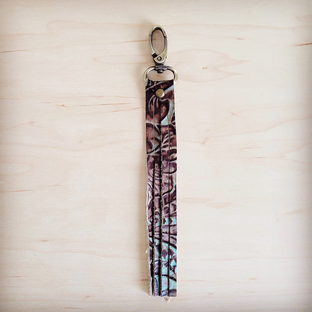 **Brown Floral Genuine Leather Key Chain/ Purse Clip 703q
