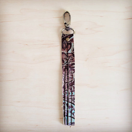 **Brown Floral Genuine Leather Key Chain/ Purse Clip 703q