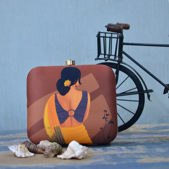 Indian Ethnic Designer Brown Clutch with Sitting Women Portrait