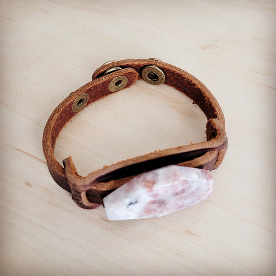 Sunstone Slab Narrow Leather Cuff Bracelet 001ab
