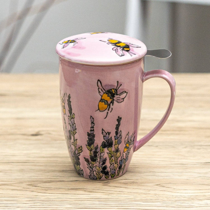 Spring Honeybee Tea Mug with Lid & Infuser – 15 fl.oz. Porcelain Cup in Gift Box