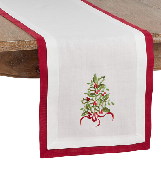 Feuille de Houx Collection Country Double Layer Embroidered Holly 16 x 72 Inch Table Runner — table decor for gatherings holidays and entertaining gift-ready decor idea