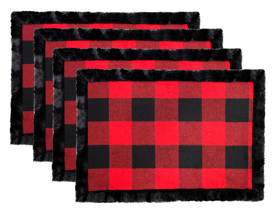 Unique Christmas Buffalo Plaid Red and Black with Faux Fur Border Design Placemat (Black Fur Placemat 13"x19" Set of 4) — dining table decor for home entertaining