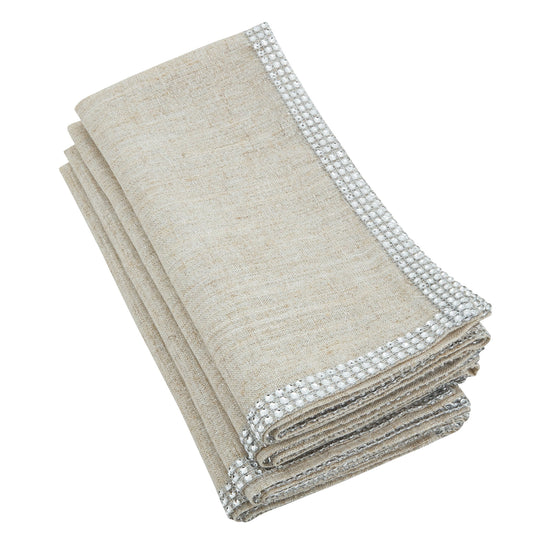 Elegant Lily Collection Studded Design Cloth Napkins 20" W x 20" L, Set of 4 - White Rhinestone Dinner Napkins for Dining Table, Banquets, Family Gathering and Special Occasion