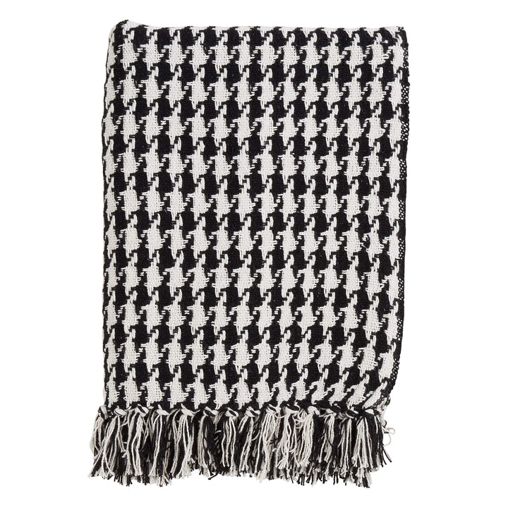 Fennco Styles Houndstooth Tassels 100% Cotton Woven Decorative Throw Blanket, 50" x 60", Black and White