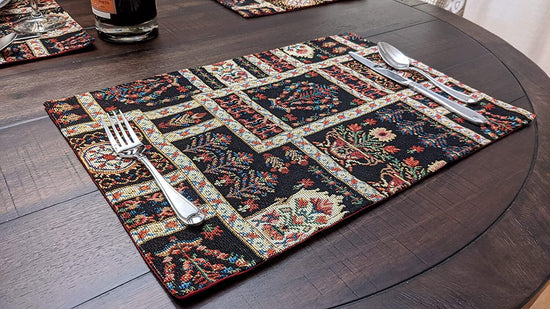 DaDalogy Bedding Set of 4-Pieces Dark Noir Mughal Floral Botanical Vintage Fleur Tapestry Placemats 13” x 19” (18197)