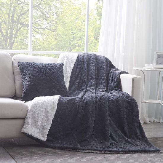 Tache Faux Fur Steel Navy Blue Diamond Trellis Pattern Throw Blanket (3390)