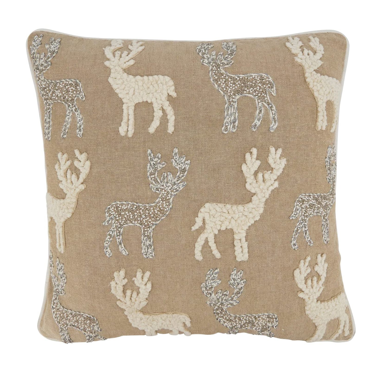 Fennco Styles Hand Beaded & Embroidered Reindeer Cotton Decorative Throw Pillow 18" W x 18" L – Natural Holiday Cushion for Home, Couch, Sofa, Bedroom, Office, Christmas Décor and Special Occasion