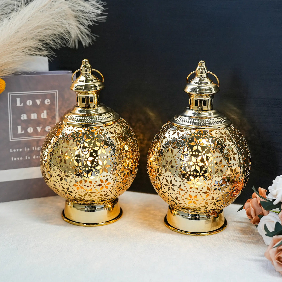 Metal Ramadan Lanterns 10" Gold Electric Candle Holders