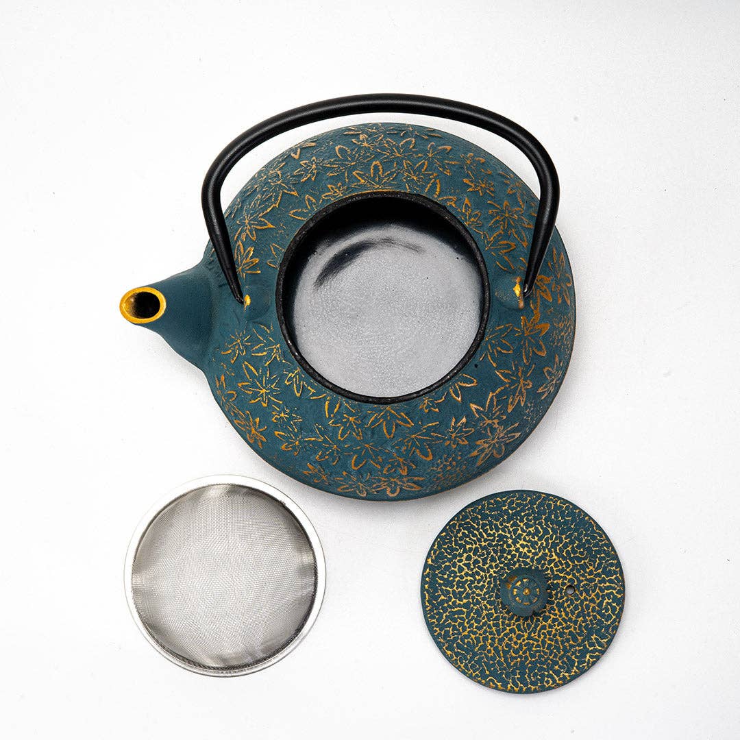 Turquoise Maple Leaves Momiji Design 40oz Cast Iron Tea Pot