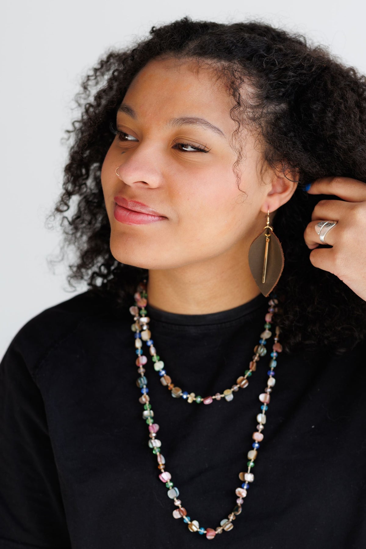Genuine Leather Leaf Earrings with Gold Bar