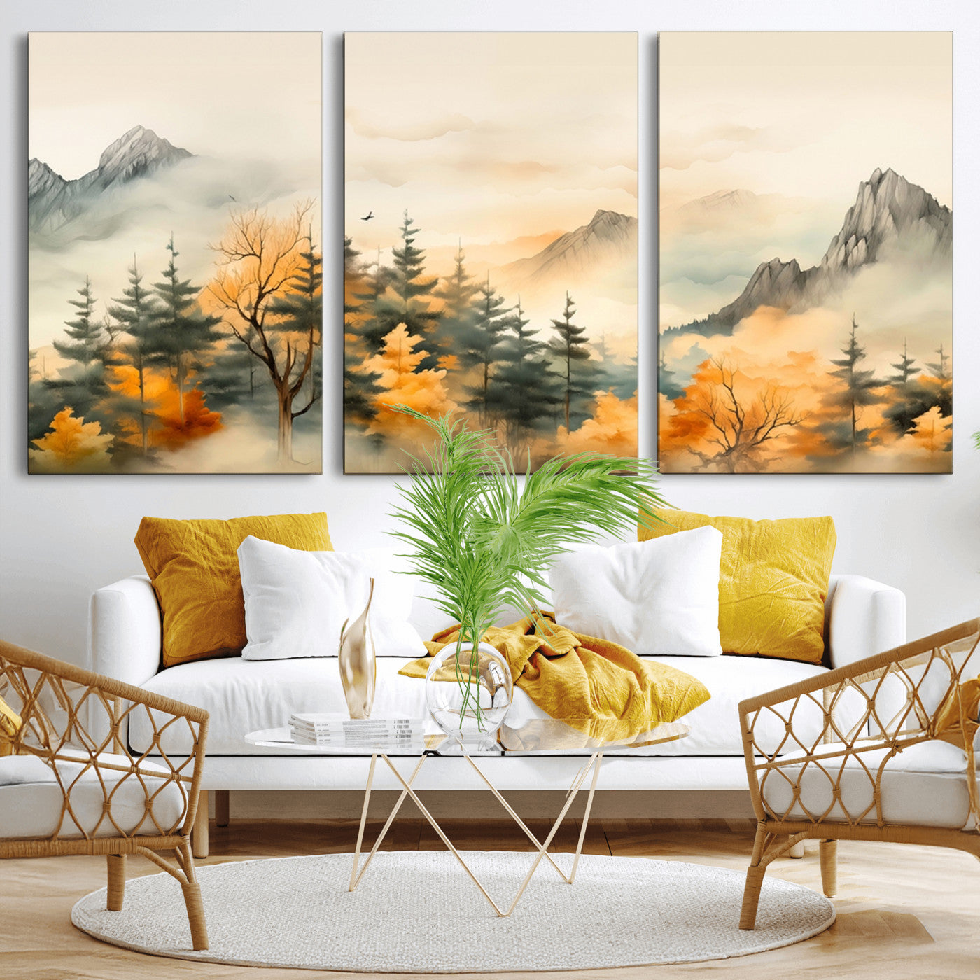 Abstract Watercolor Mountains and Trees Autumn Art,