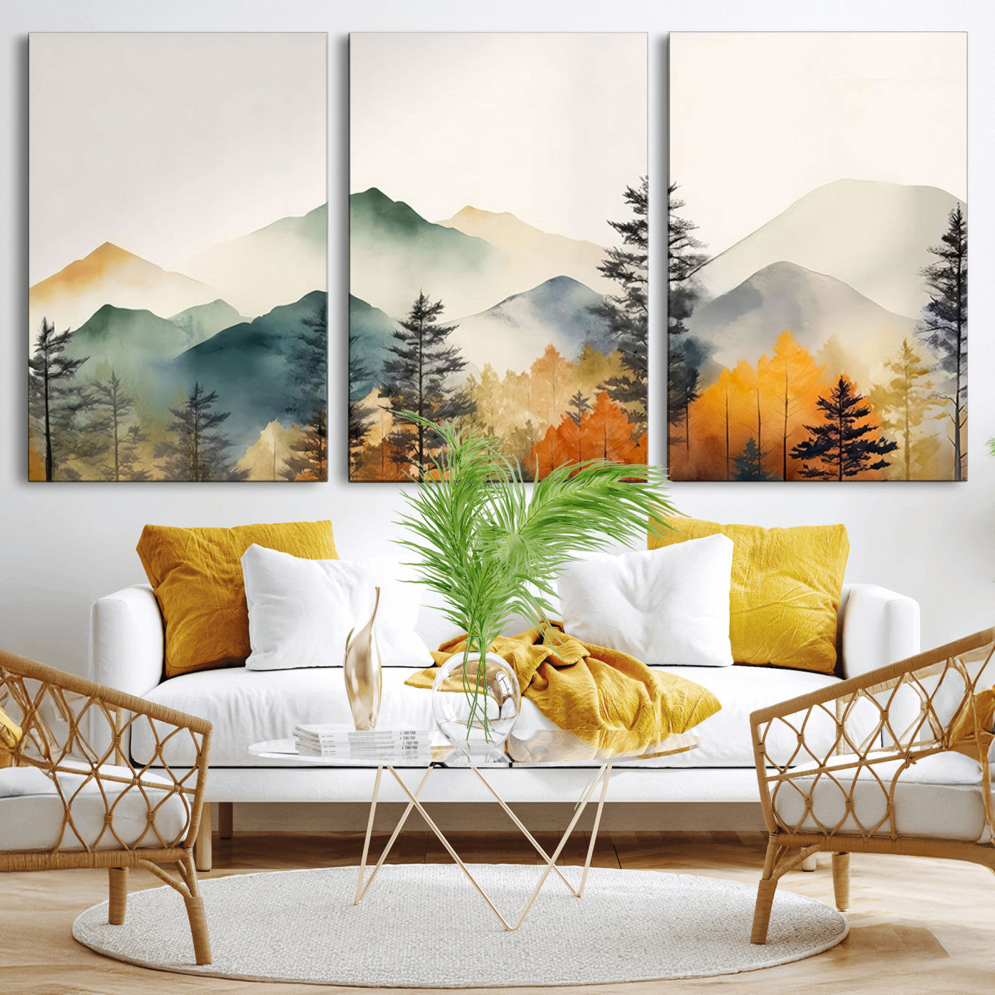 Abstract Watercolor Mountains and Trees Autumn Wall Art,