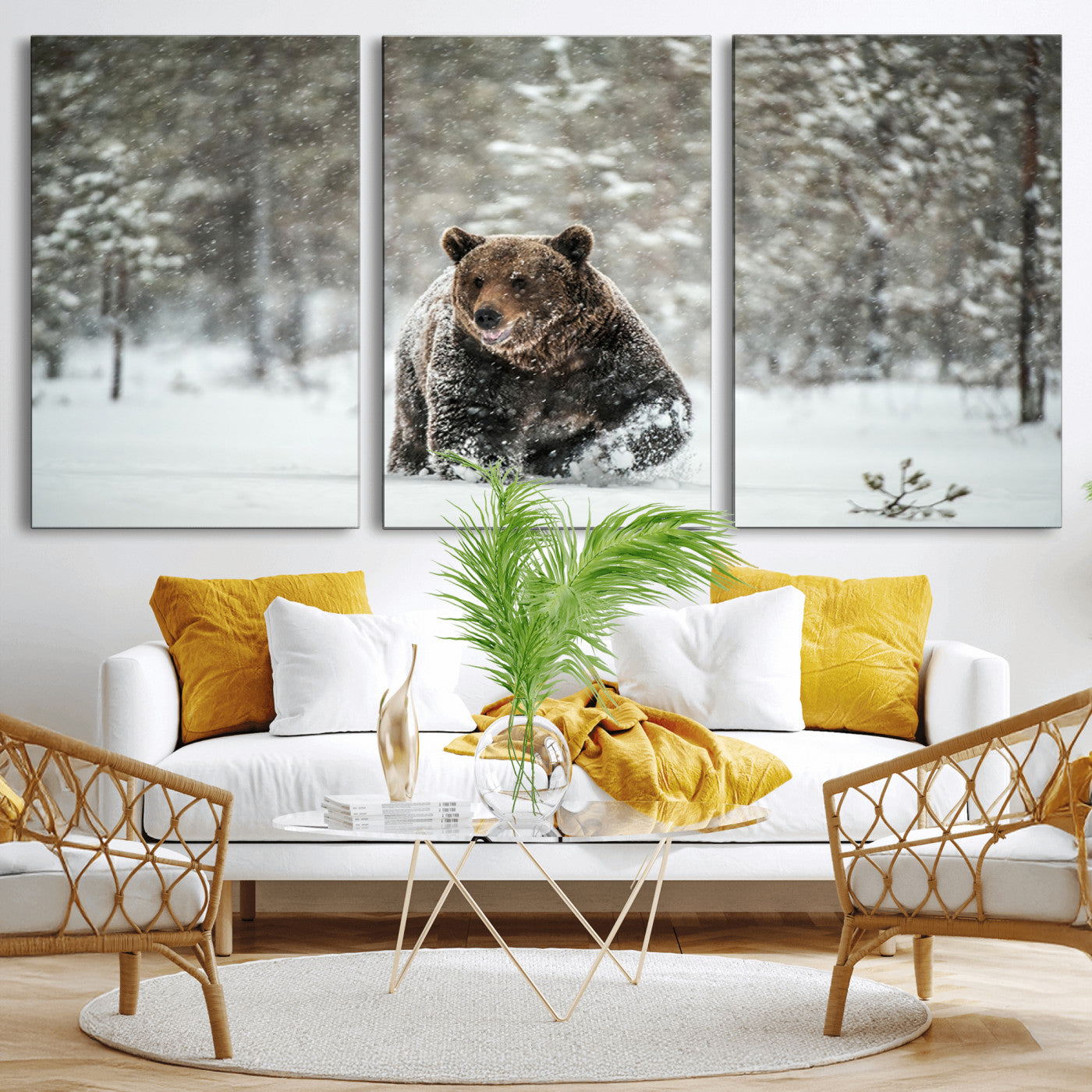 Grizzly Bear Wall Art – Framed Snowy Forest Canvas Artwork,