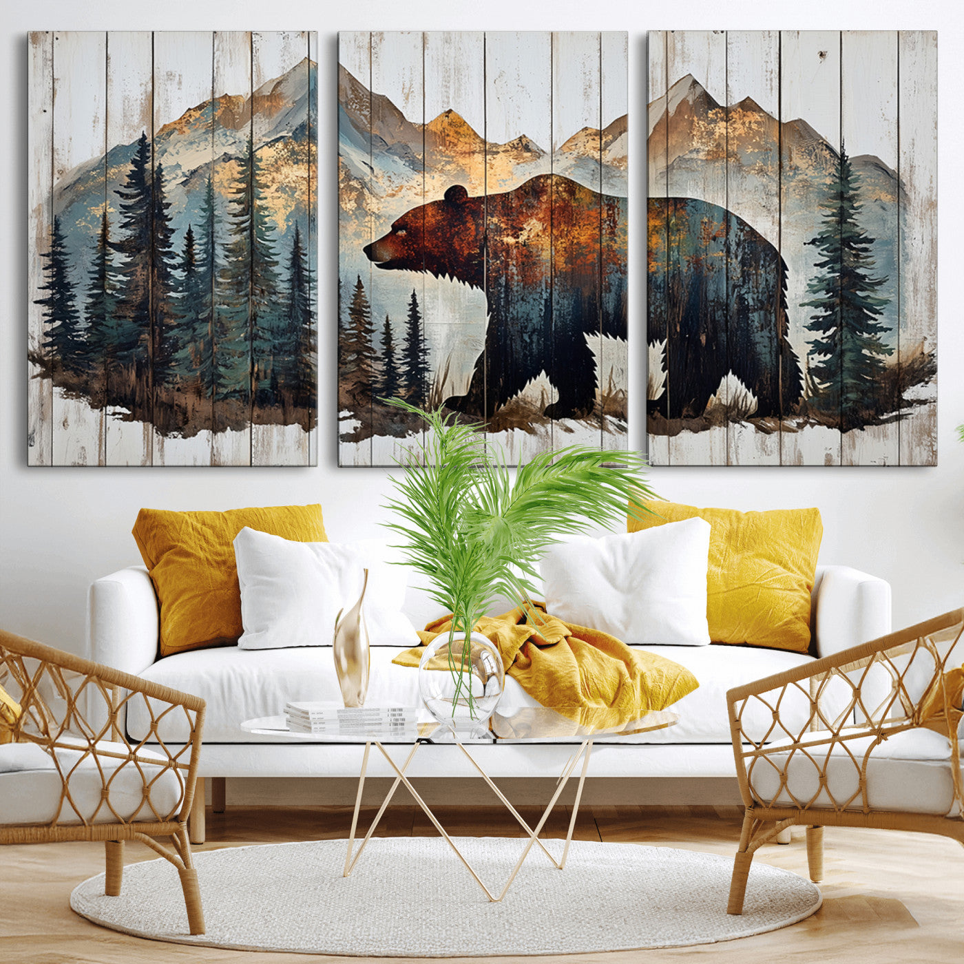 Rustic Grizzly 399 Bear and Mountain Wood Canvas Wall Art -