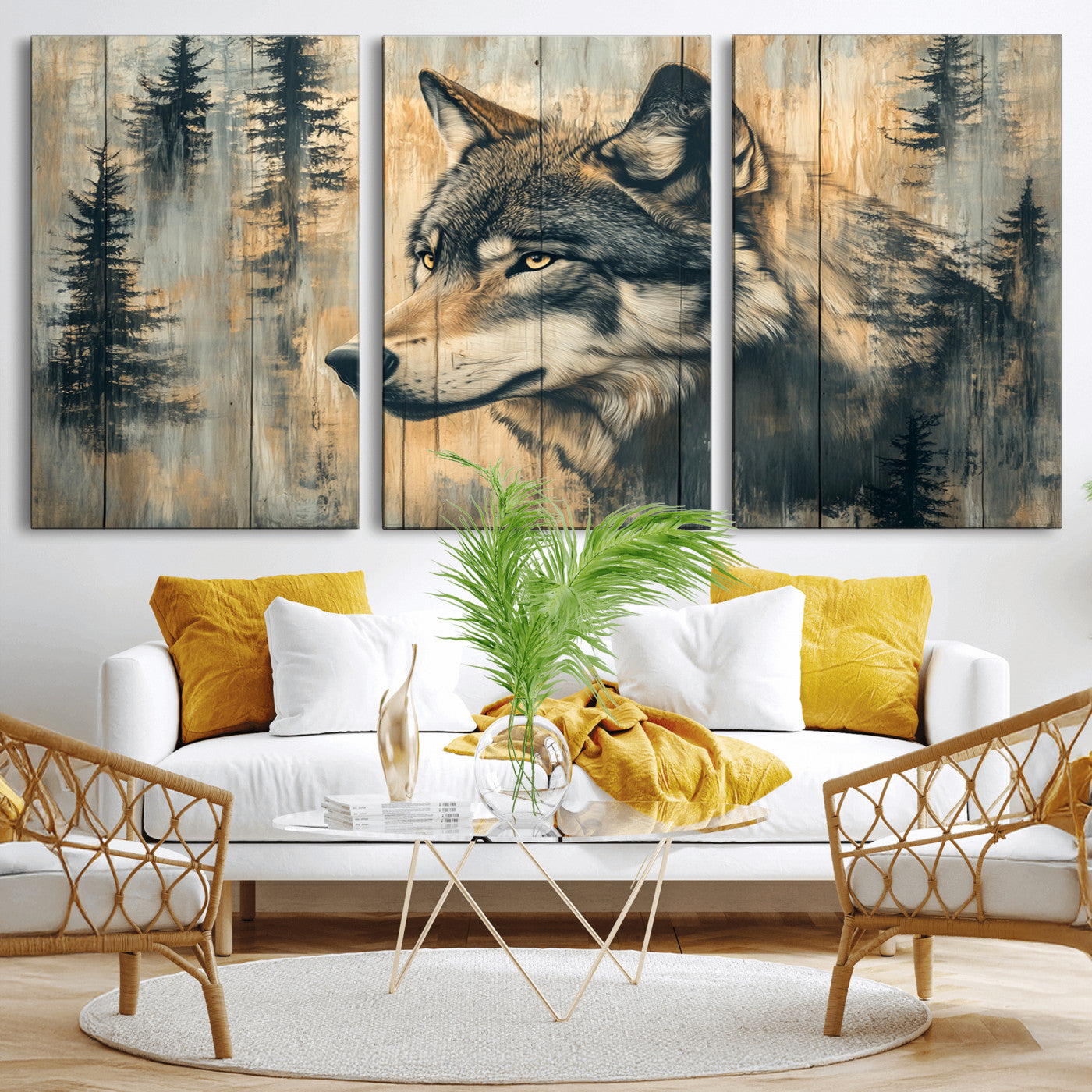 Wood Style Rustic Wolf Wall Art Canvas Print, Vintage