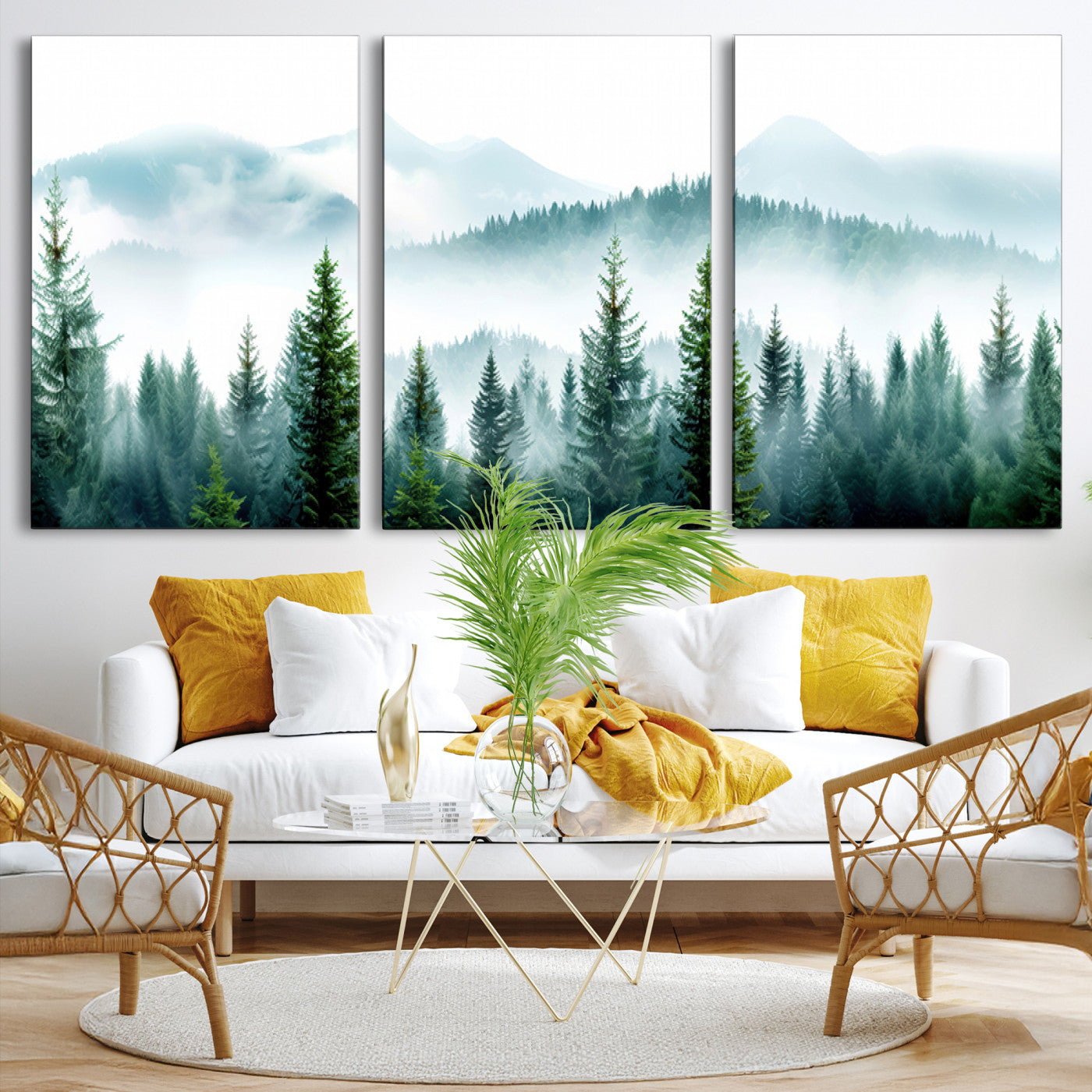 Pine Forest Wall Art Canvas Print – Misty Mountains Foggy