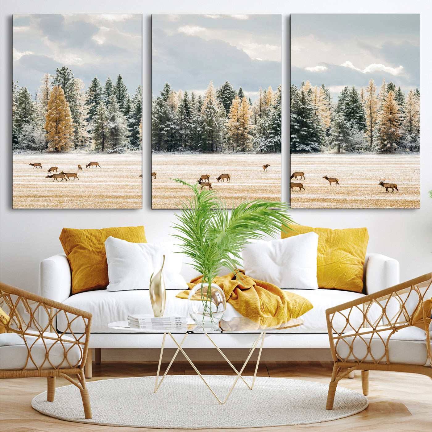 Elk Herd Wall Art – Framed Snowy Forest Canvas Artwork,