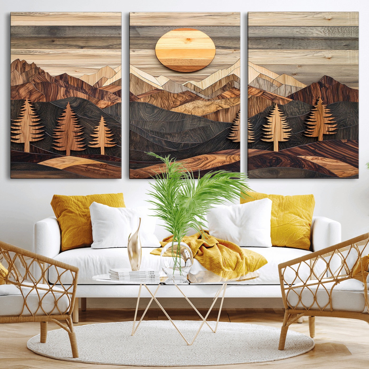 Wooden Mountain Layers Art – Rustic Pine Tree Landscape
