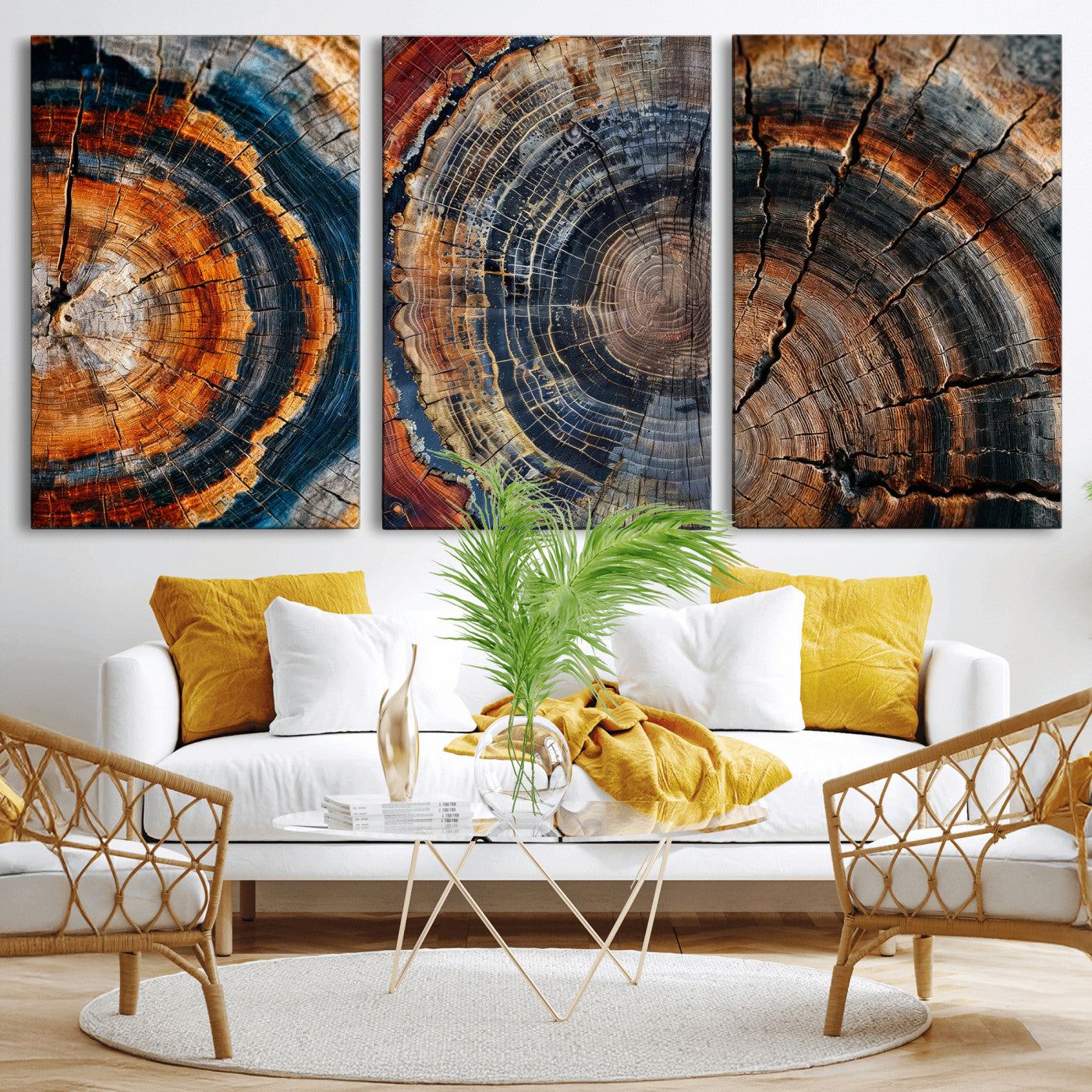 Tree Ring Canvas Wall Art, Wood Cross Section Triptych