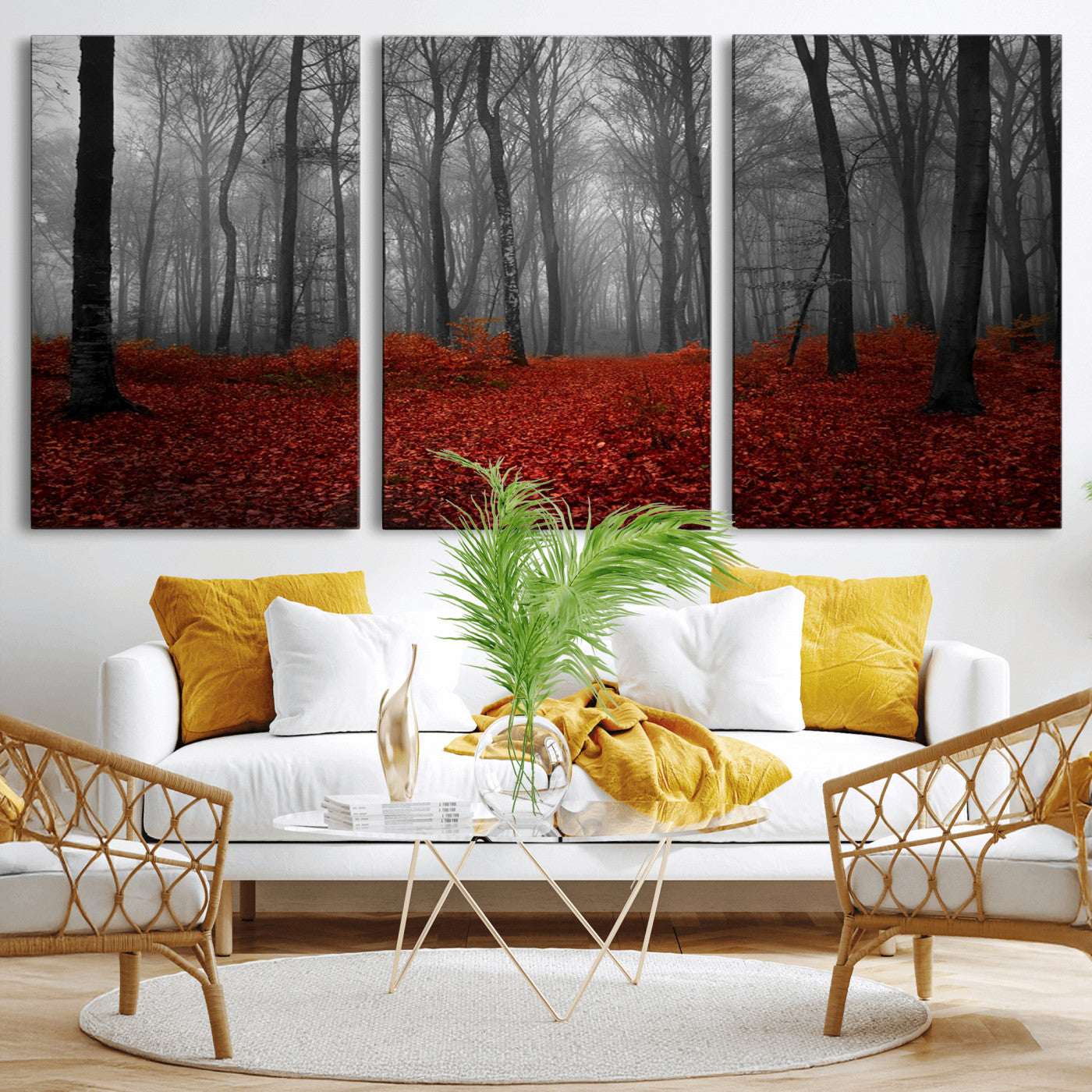 Red Forest Floor Canvas Wall Art – Mystical Foggy Woodland