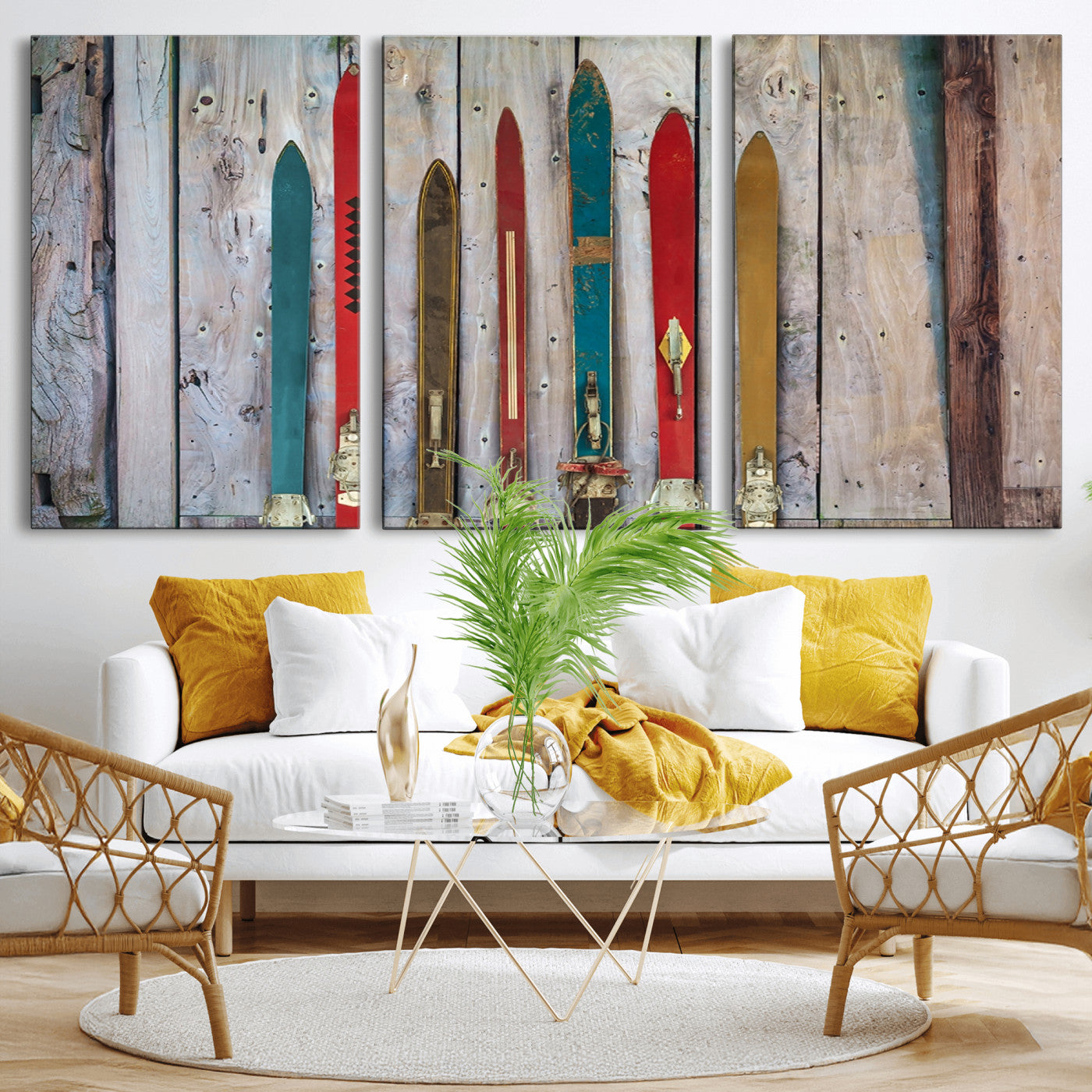 Vintage Wooden Weathered Ski's in Front of an Old Barn Wall