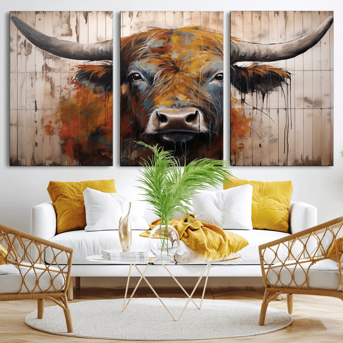 Scottish Highland Cow Cattle Art Print on Wood Style