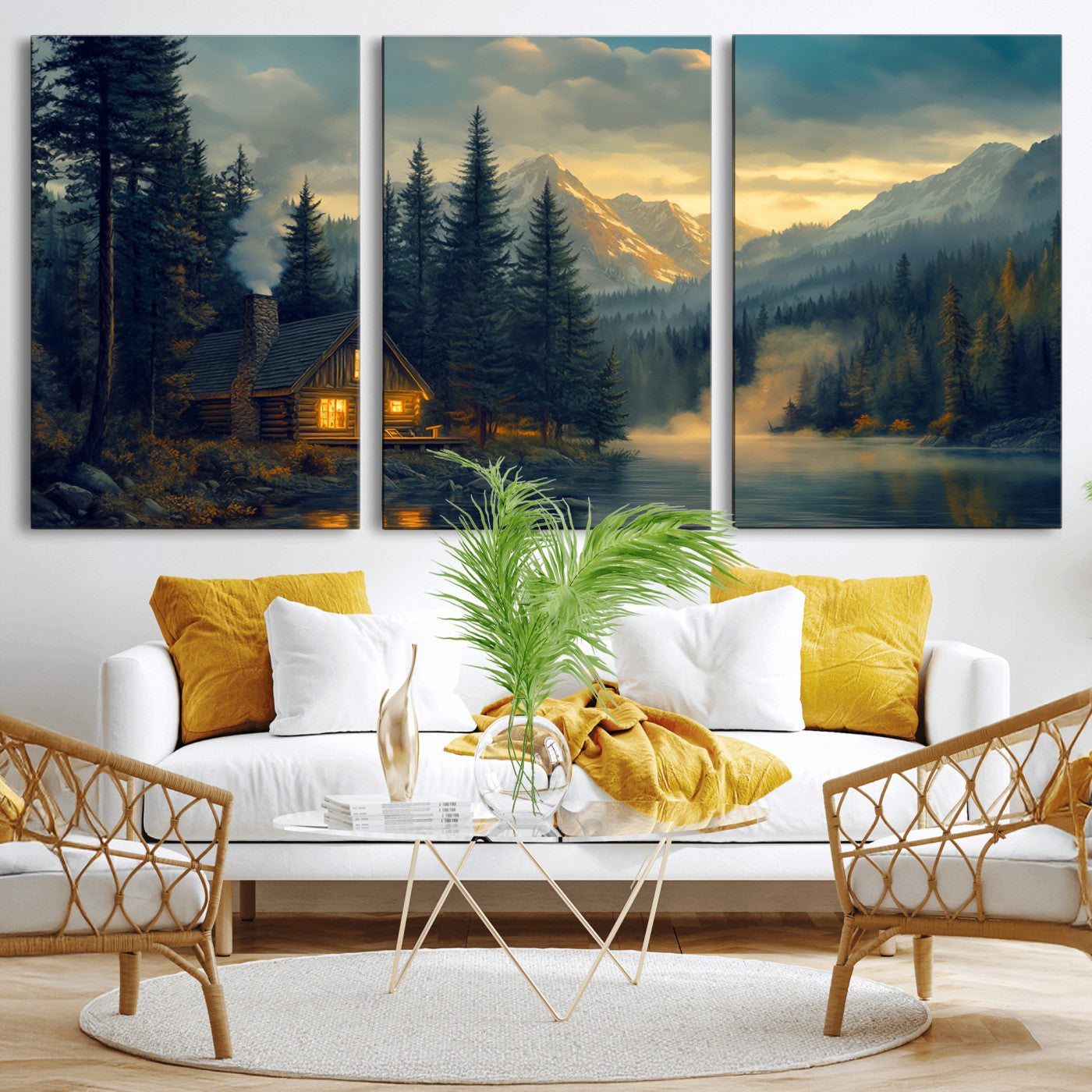 Mountain Cabin by the Lake at Sunset Wall Art - Serene