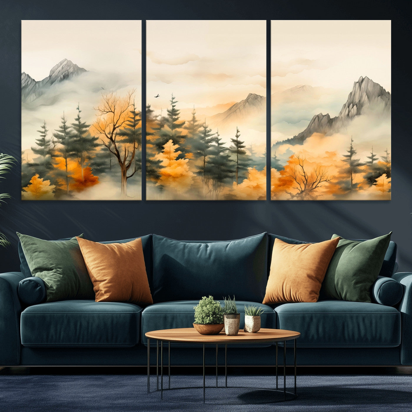 Abstract Watercolor Mountains and Trees Autumn Art,