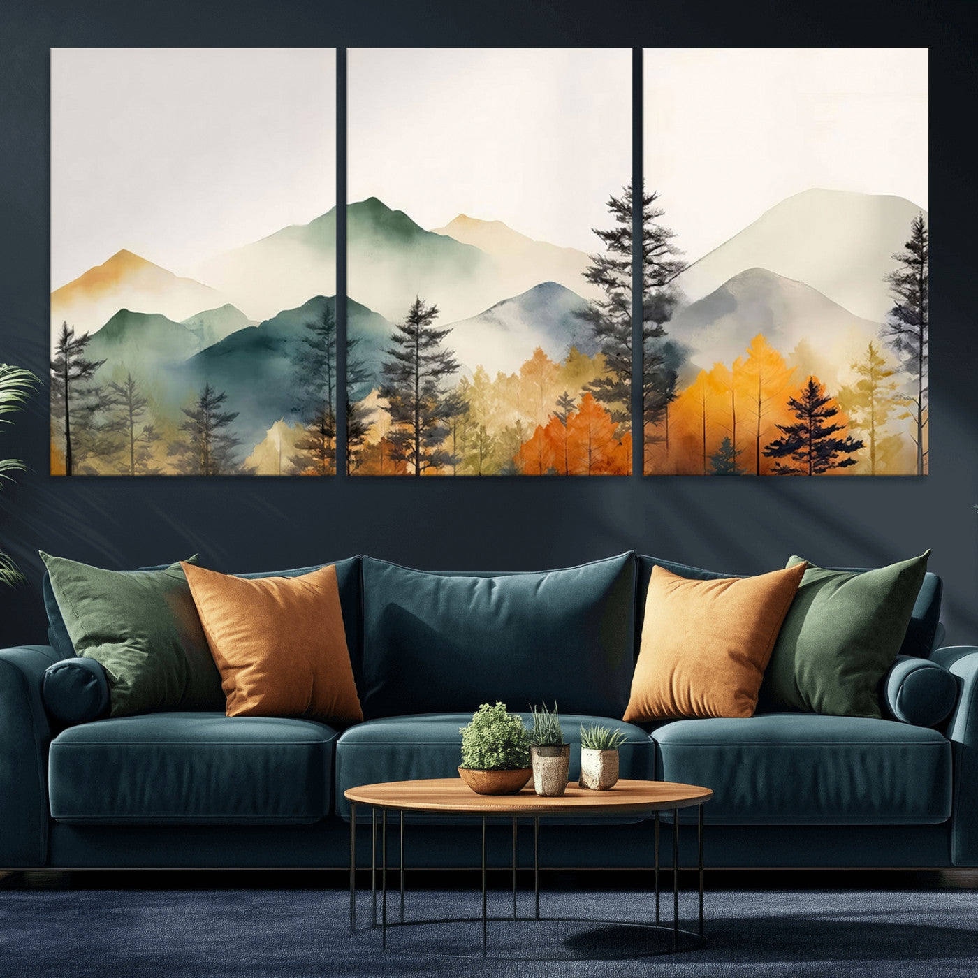 Abstract Watercolor Mountains and Trees Autumn Wall Art,