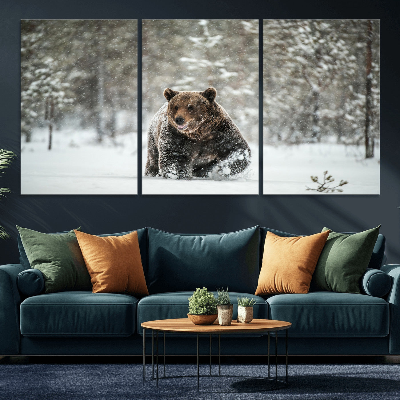 Grizzly Bear Wall Art – Framed Snowy Forest Canvas Artwork,