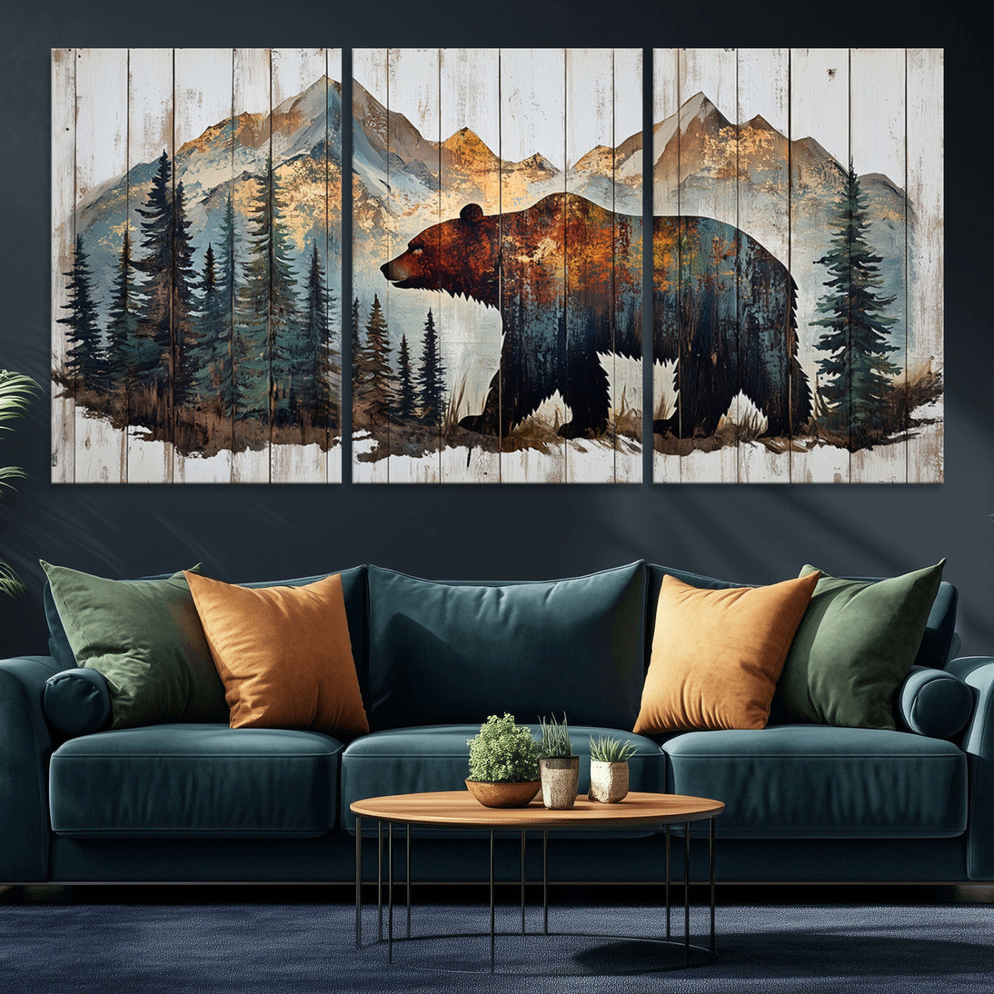 Rustic Grizzly 399 Bear and Mountain Wood Canvas Wall Art -