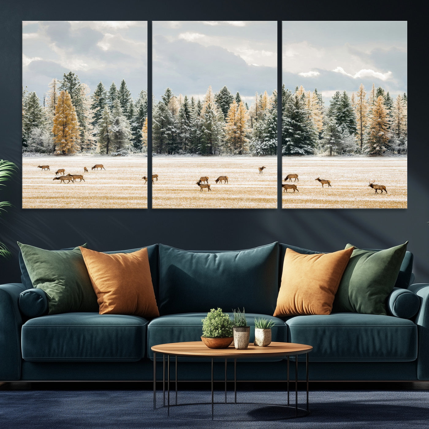 Elk Herd Wall Art – Framed Snowy Forest Canvas Artwork,