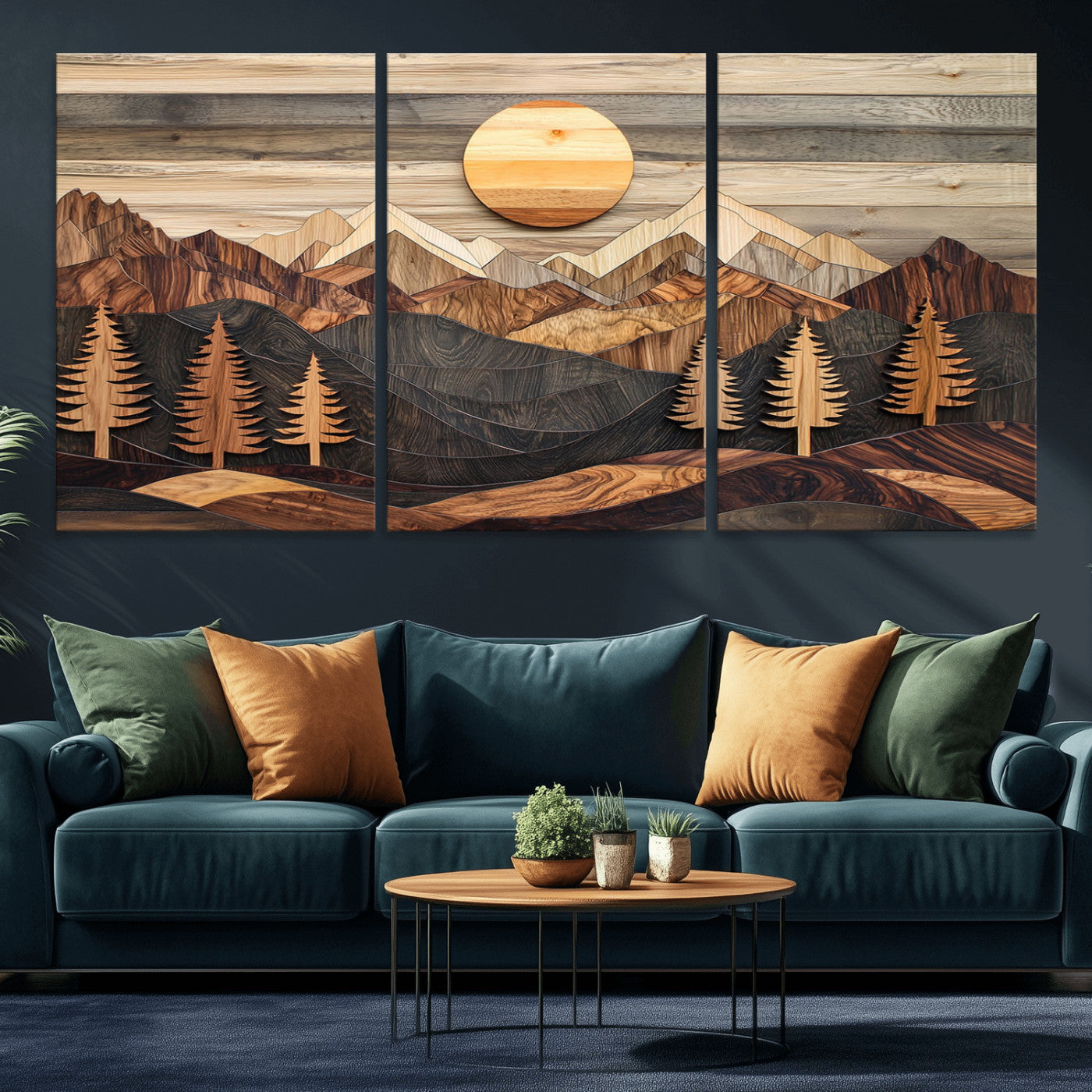 Wooden Mountain Layers Art – Rustic Pine Tree Landscape