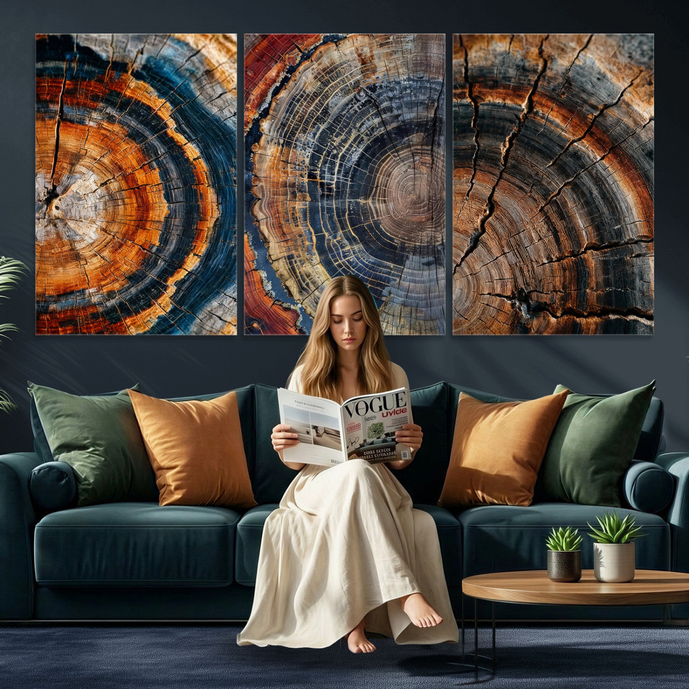 Tree Ring Canvas Wall Art, Wood Cross Section Triptych