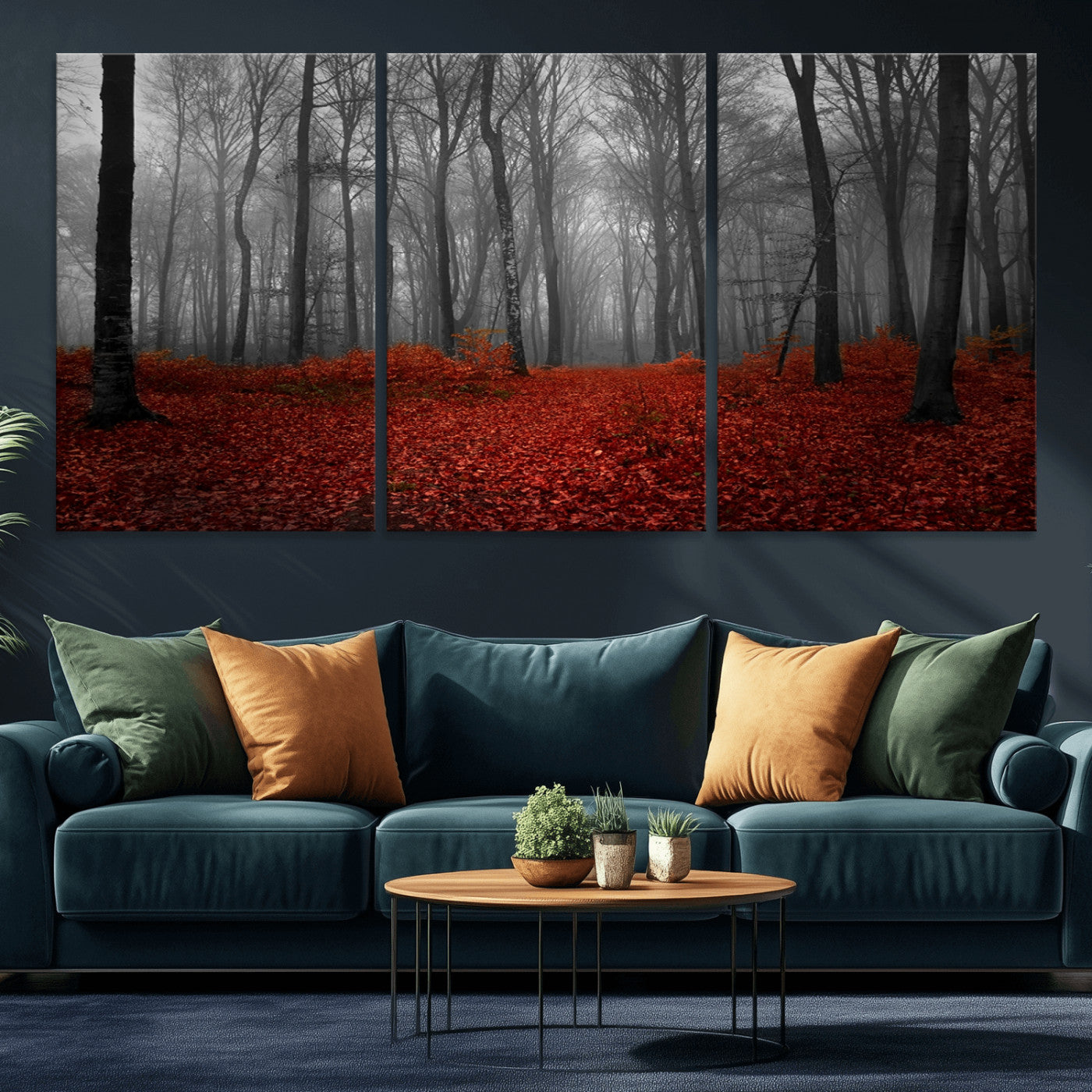 Red Forest Floor Canvas Wall Art – Mystical Foggy Woodland