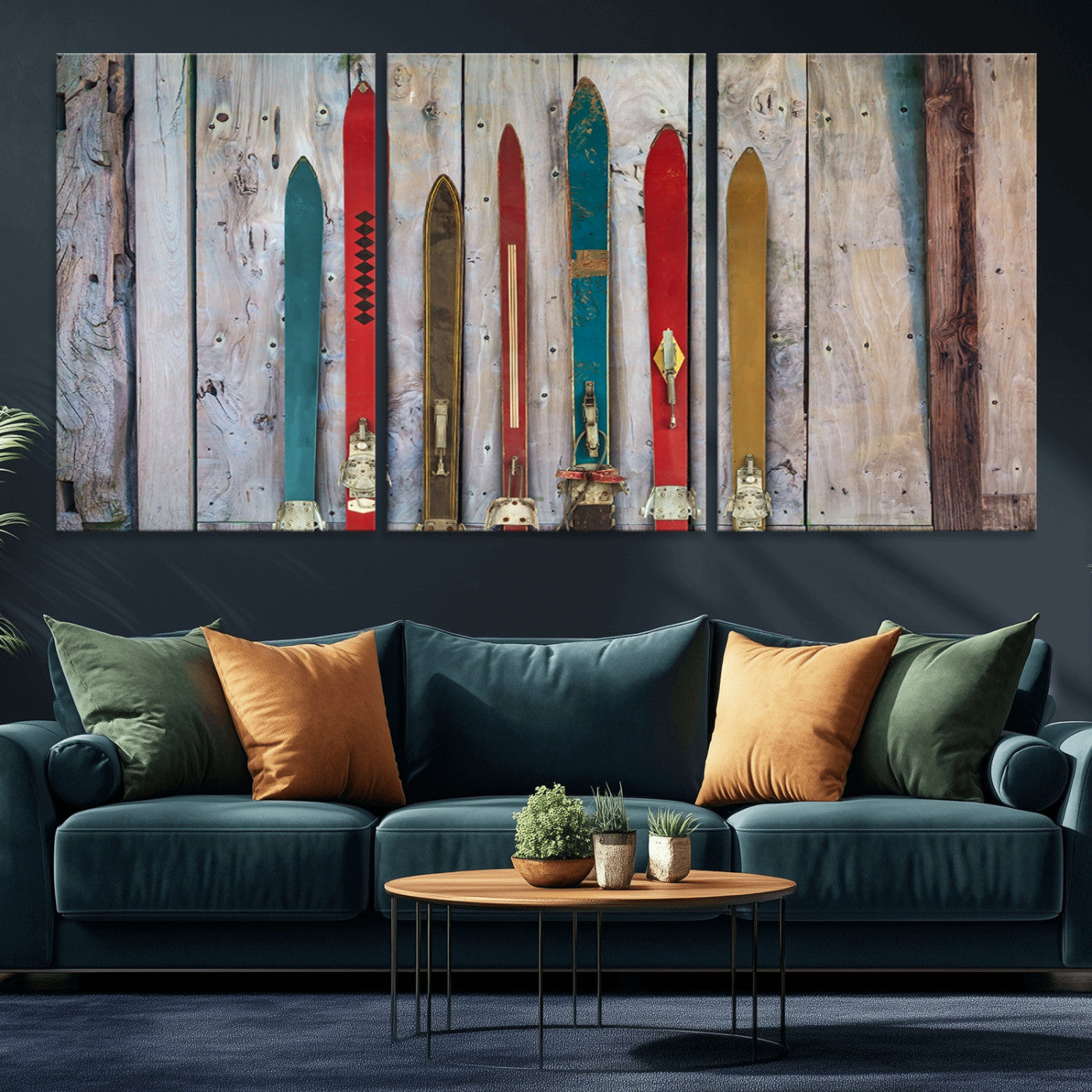 Vintage Wooden Weathered Ski's in Front of an Old Barn Wall