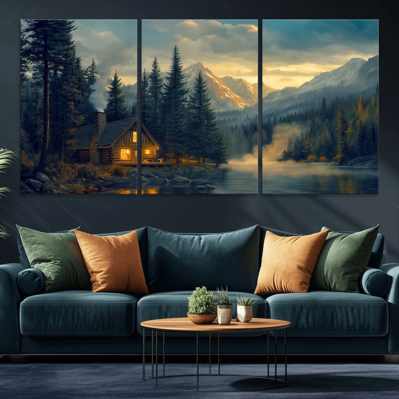 Mountain Cabin by the Lake at Sunset Wall Art - Serene
