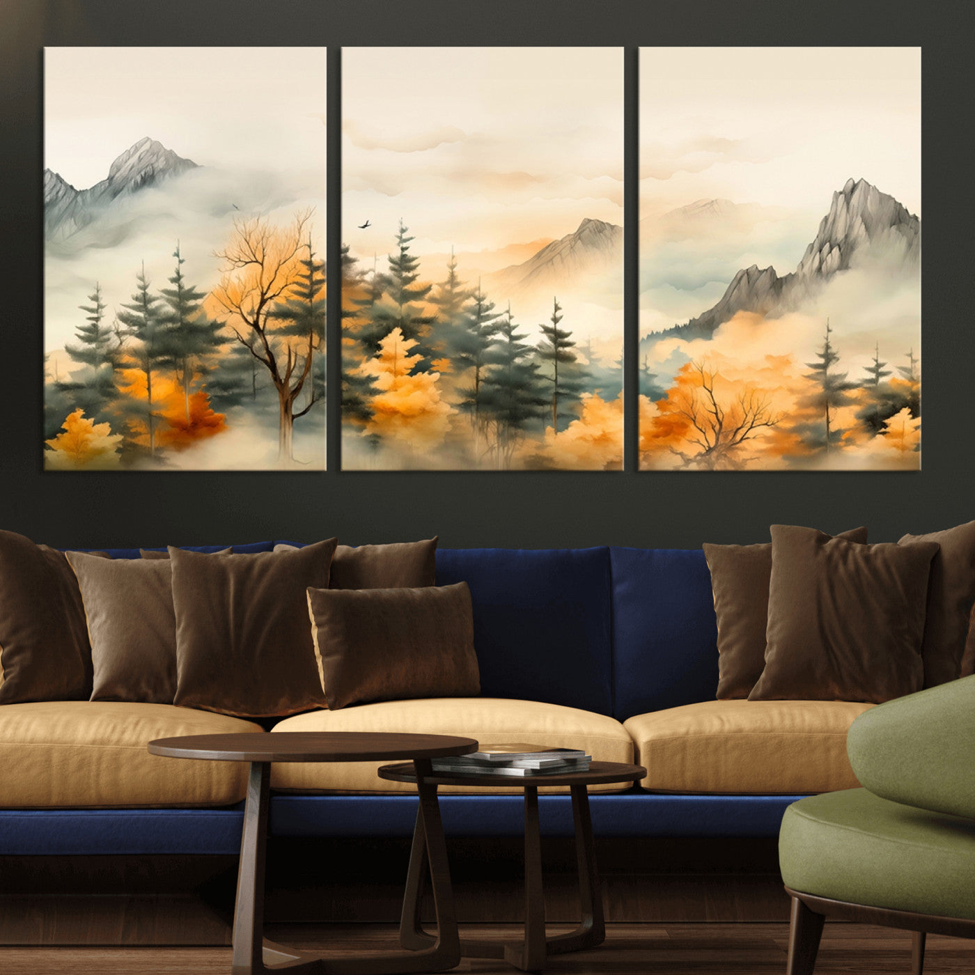 Abstract Watercolor Mountains and Trees Autumn Art,