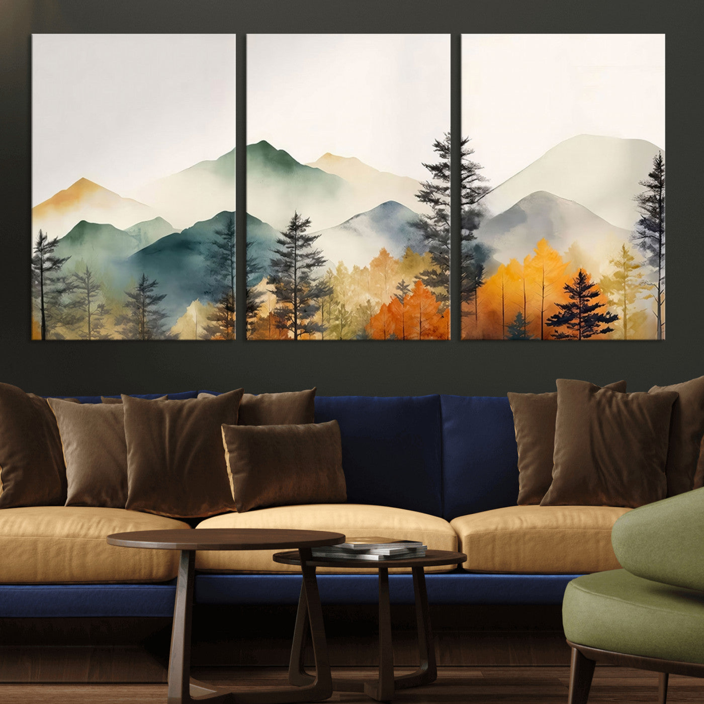 Abstract Watercolor Mountains and Trees Autumn Wall Art,
