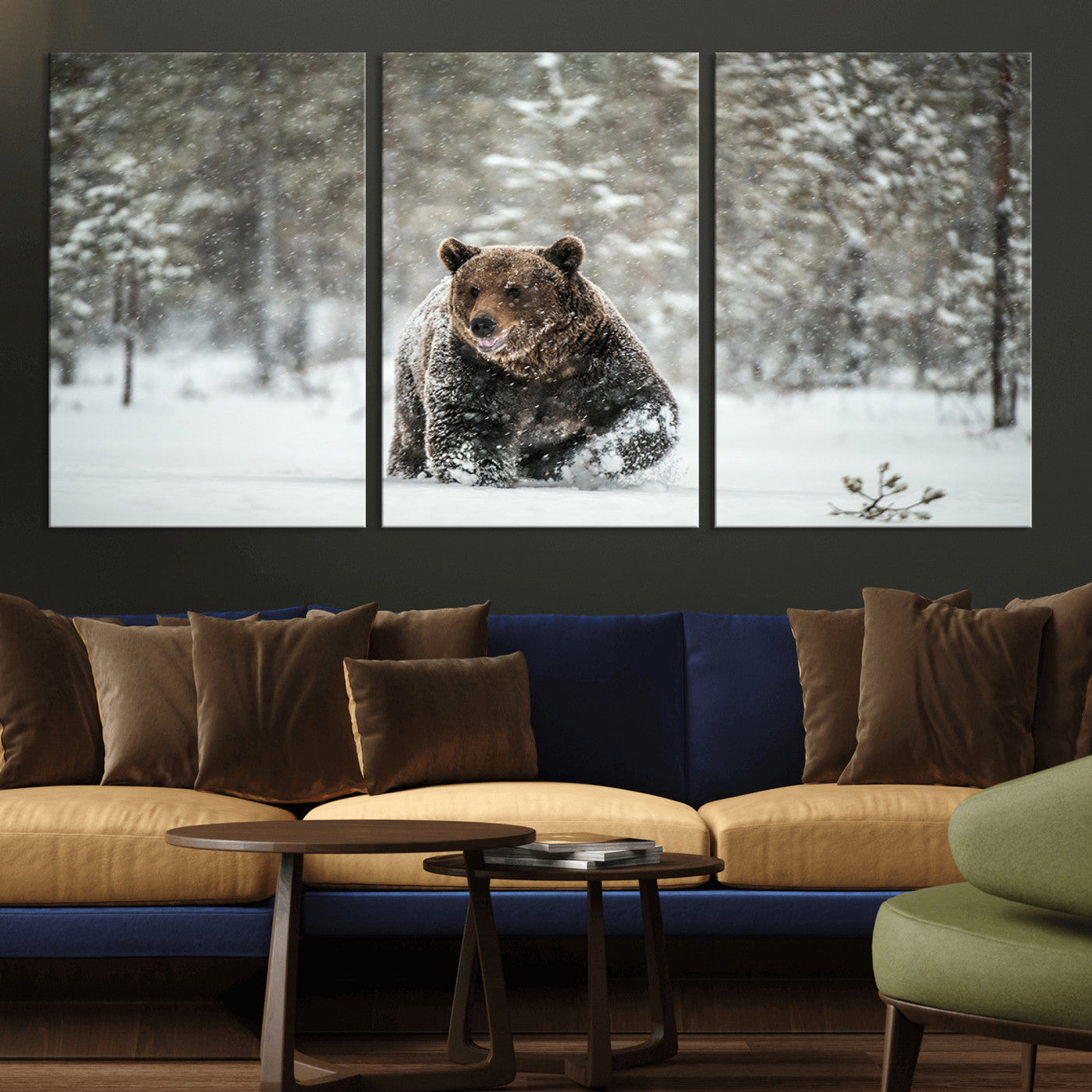 Grizzly Bear Wall Art – Framed Snowy Forest Canvas Artwork,