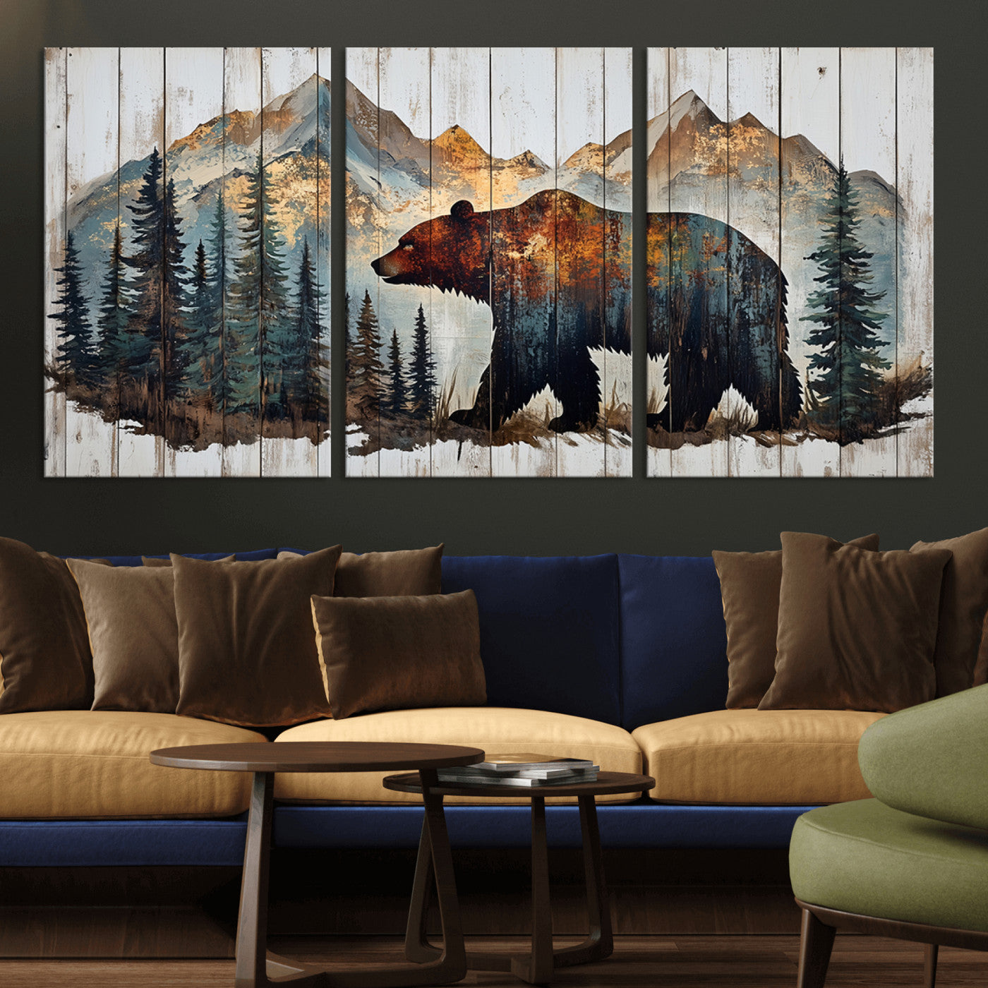 Rustic Grizzly 399 Bear and Mountain Wood Canvas Wall Art -