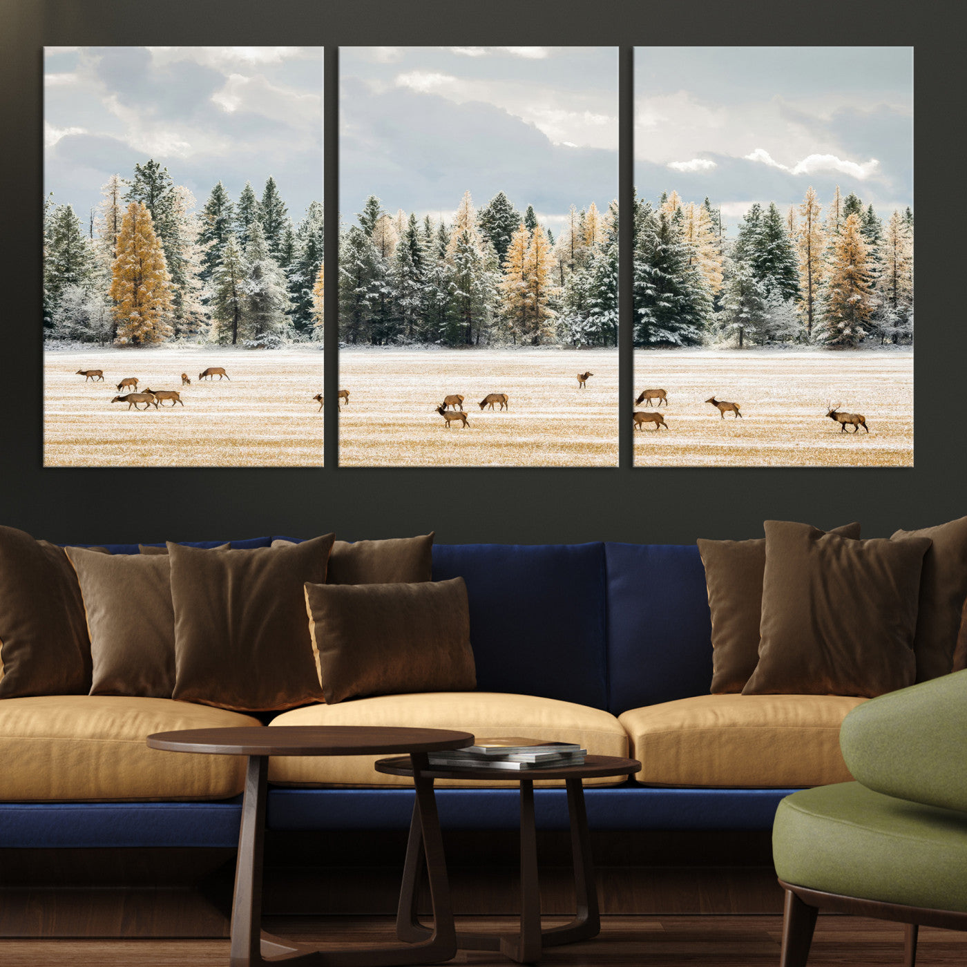 Elk Herd Wall Art – Framed Snowy Forest Canvas Artwork,