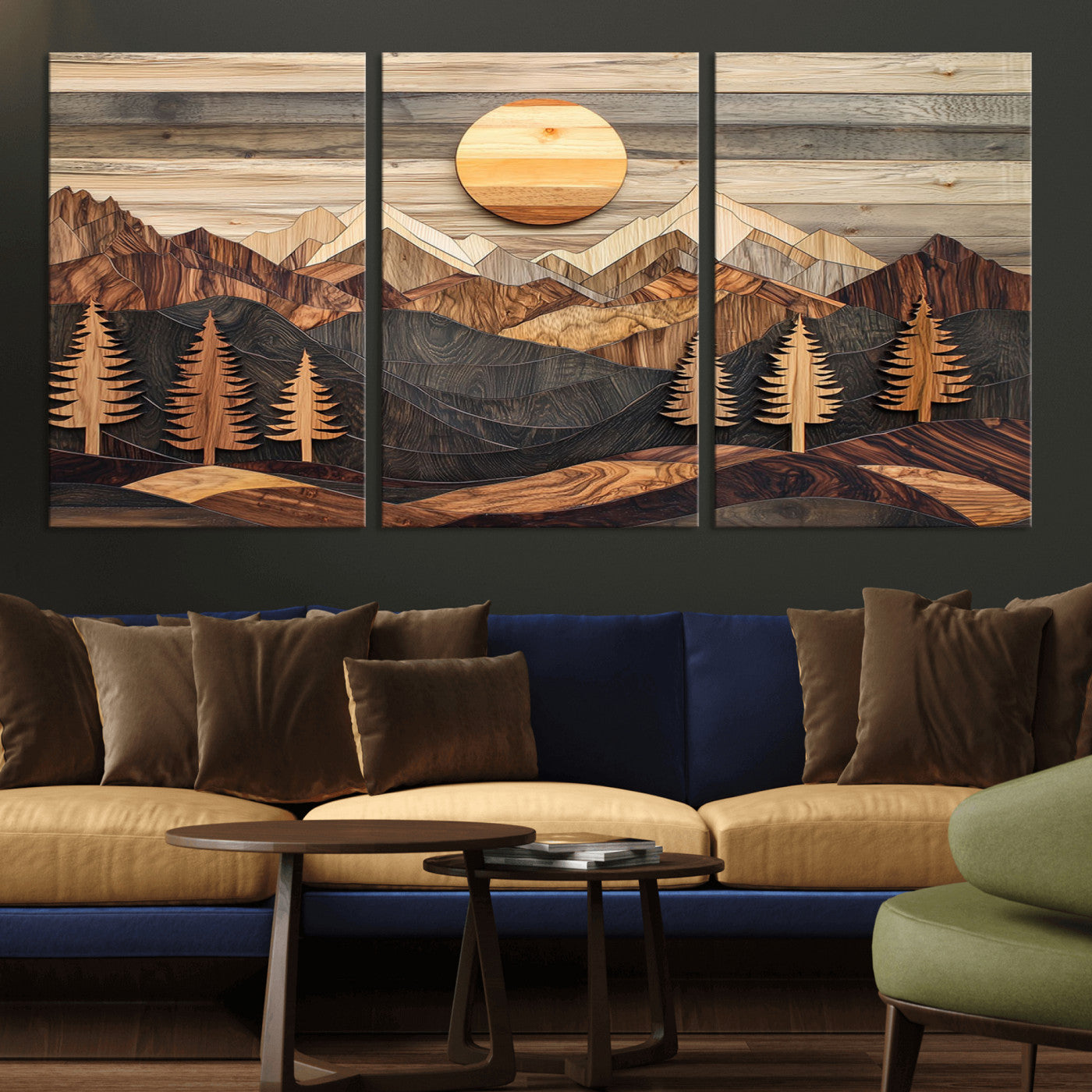 Wooden Mountain Layers Art – Rustic Pine Tree Landscape