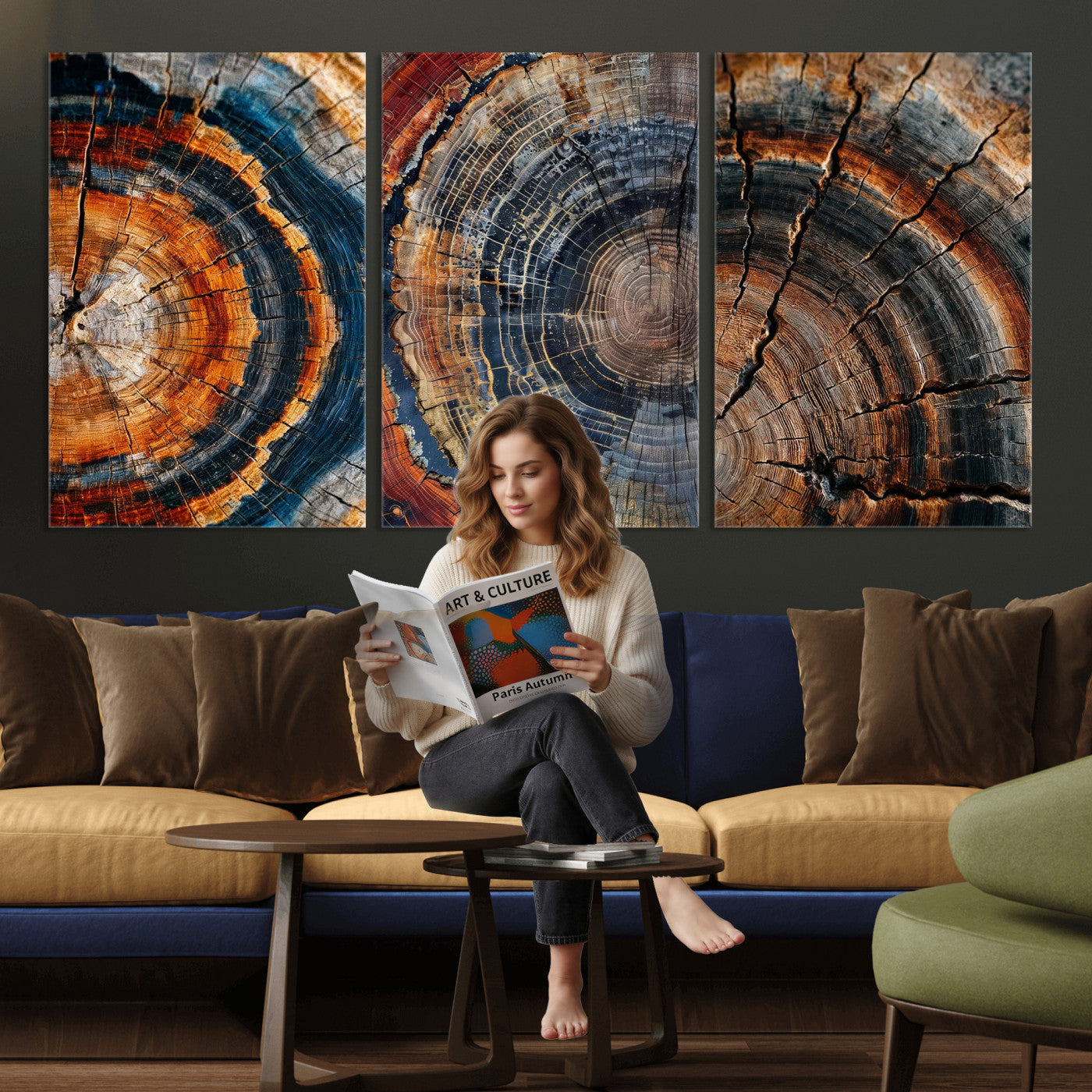 Tree Ring Canvas Wall Art, Wood Cross Section Triptych