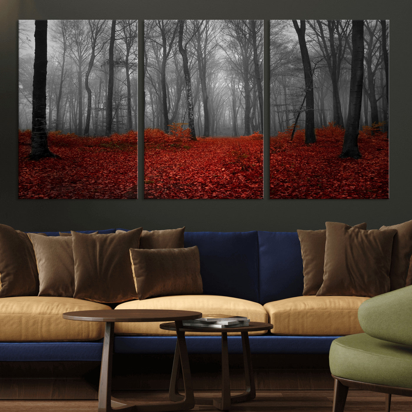 Red Forest Floor Canvas Wall Art – Mystical Foggy Woodland