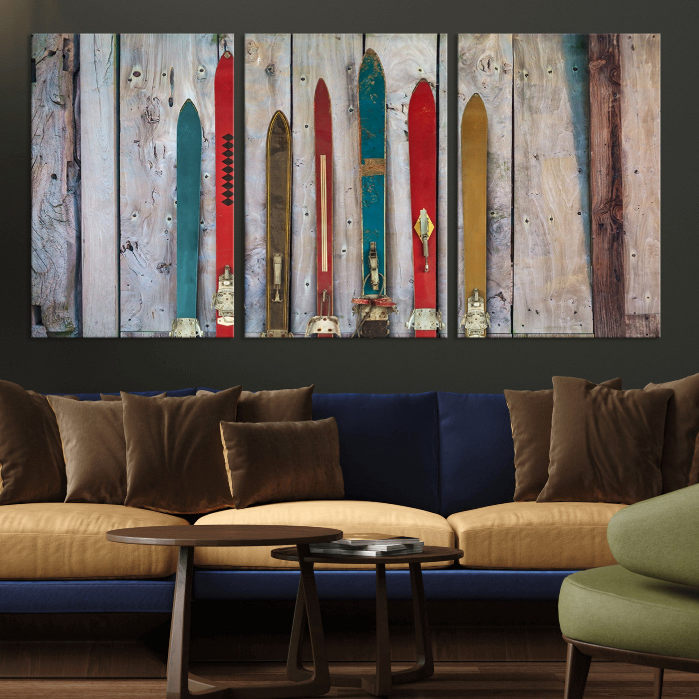 Vintage Wooden Weathered Ski's in Front of an Old Barn Wall