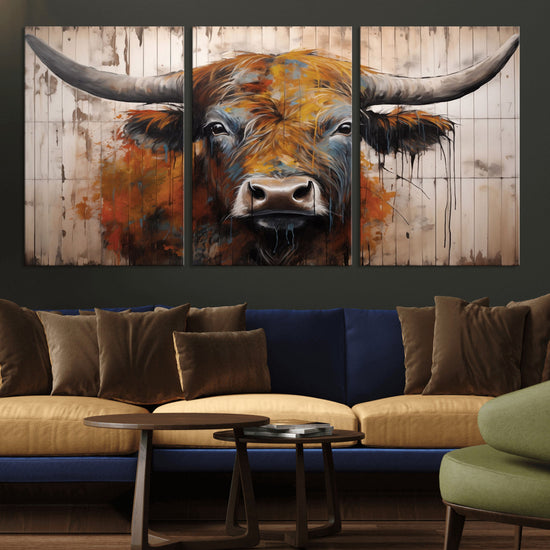 Scottish Highland Cow Cattle Art Print on Wood Style