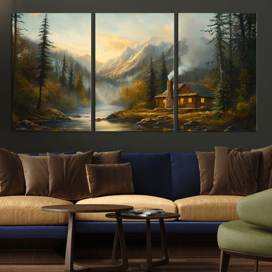 Wood Cabin Retreat Mountain at Sunset Wall Art Print -